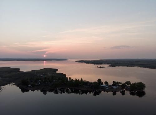 Aerial view of Rock Creek Marina and Fort Peck Lake at dusk