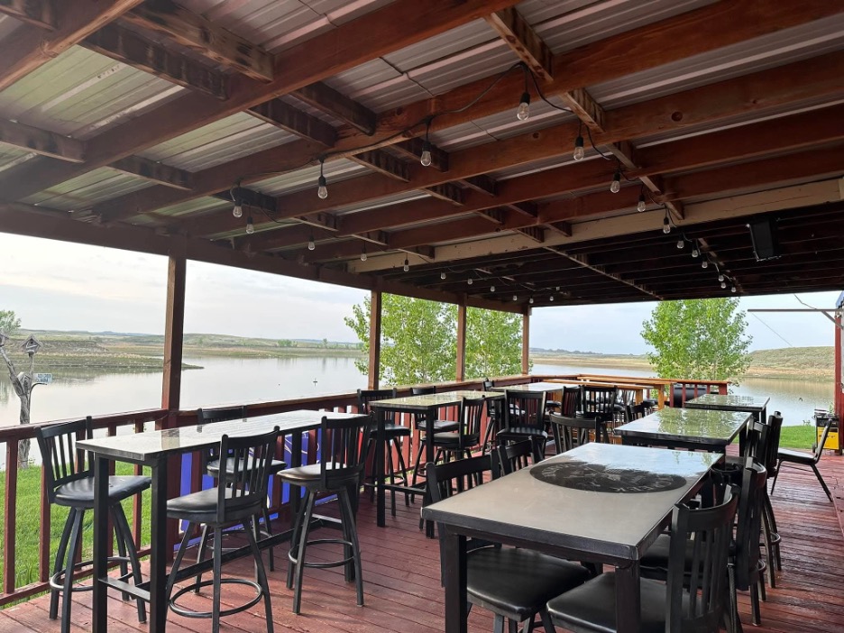Large covered dining area with lake views