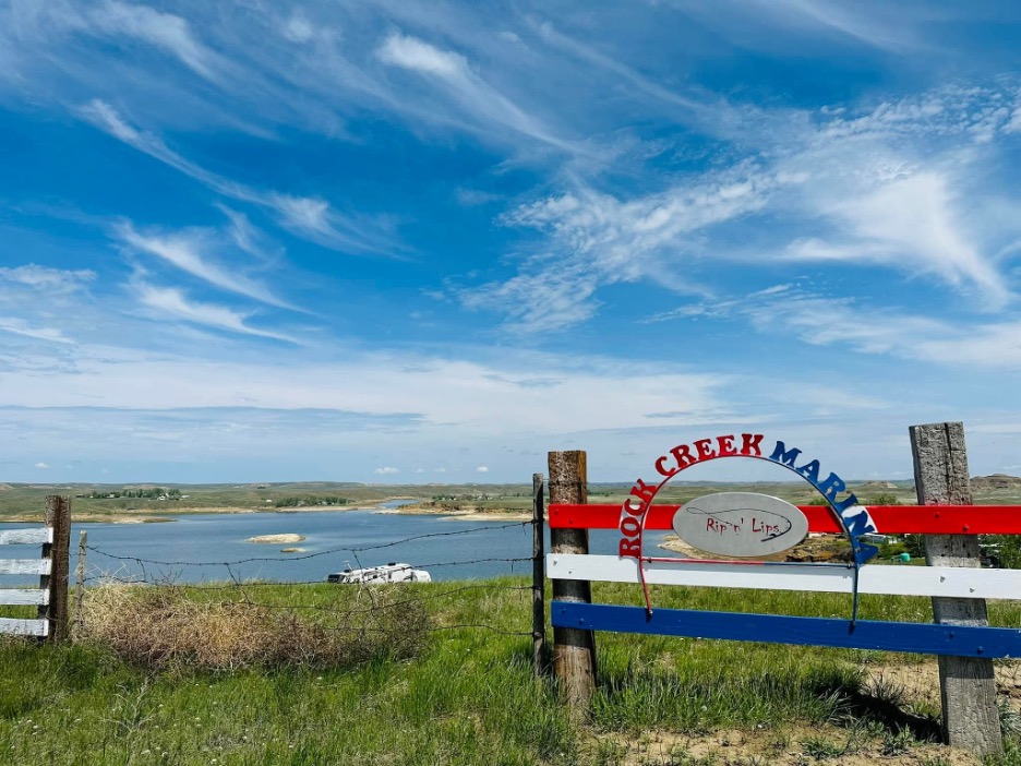 Rock Creek Marina Rippin' Lips sign overlooking Fort Peck Lake